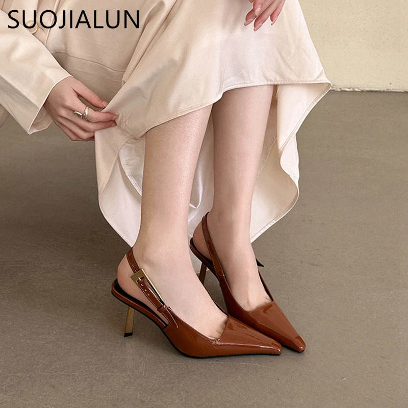 SUOJIALUN Spring Band Women Pumps Shoes Fashion Shallow Slip On Slingback Sandals Thin High Heel Dress Sexy Pumps Shoes 260306