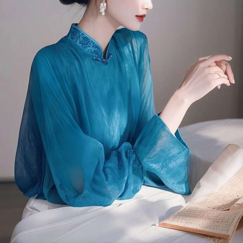 Mardi Hefxessdr 2025 Spring Fall Women Embroidery Stand Collar Flare Sleeve Chinese Style Blue Chiffon Top Shirt , Woman Vintage Tops Shirts