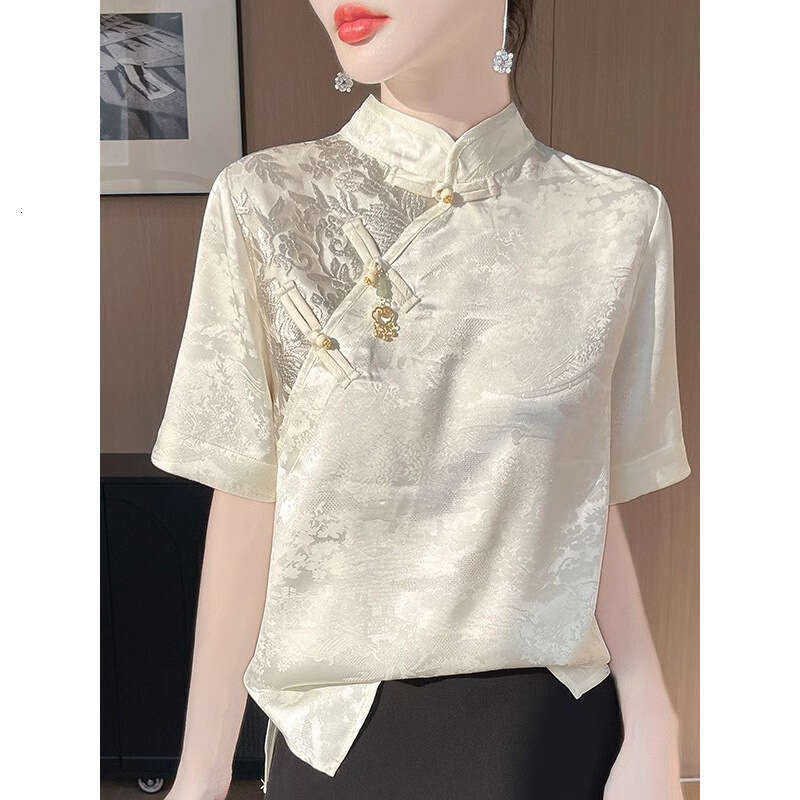 Spring Women Fashion Short Sleeve Shirt Retro Lady Leisure Cardigan Satin Outwear 2025 Femme Stand-up Collar Jacquard T-shirt Embroidery Jacquard Qipa