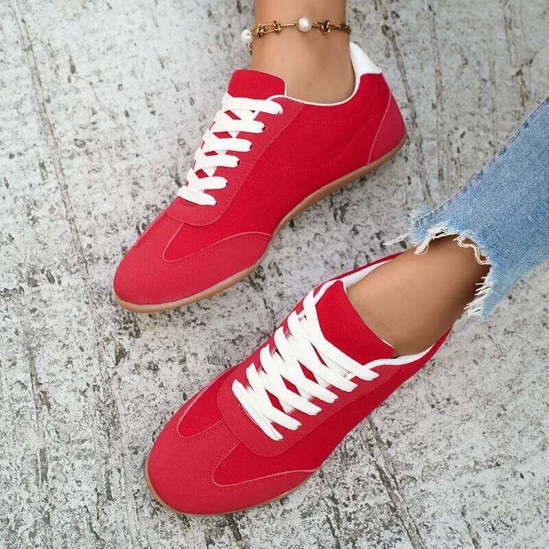 2026 new fashionable casual for women comfortable lace up sneakers simple solid color flat shoes