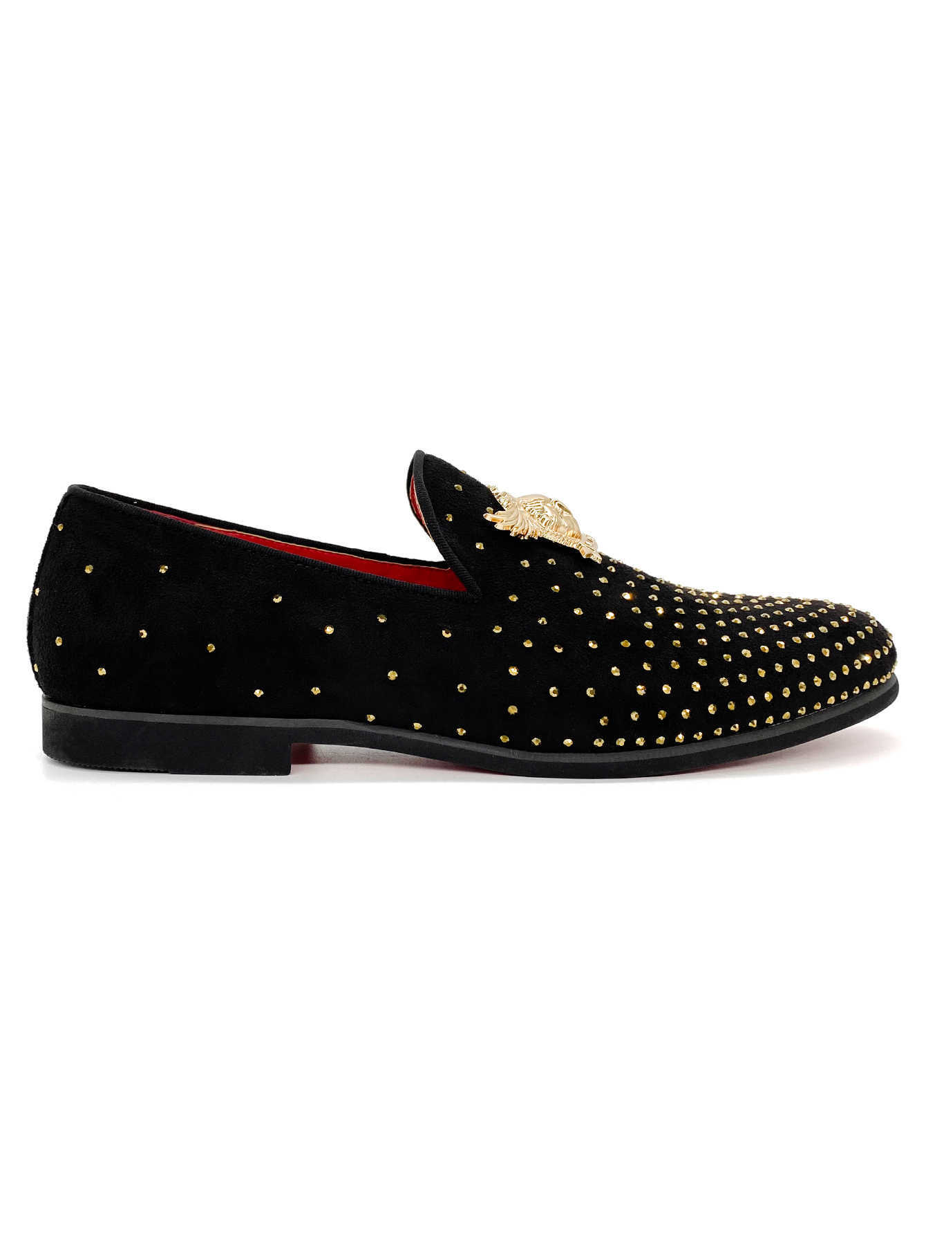 Men's Velvet Loafers Gold Studded Eagle Emblem Red Sole Slip On Dress Shoes Luxury Black Velvet Men's Loafers