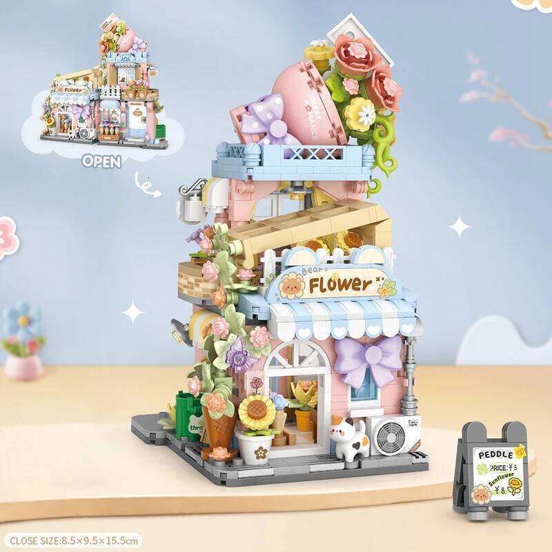 Creative Foldable Flower Shop Panda Cute Cat House Bear Takoyaki Mini Building Block Assembly Puzzle Toys For Kids Adults Gifts Z260305