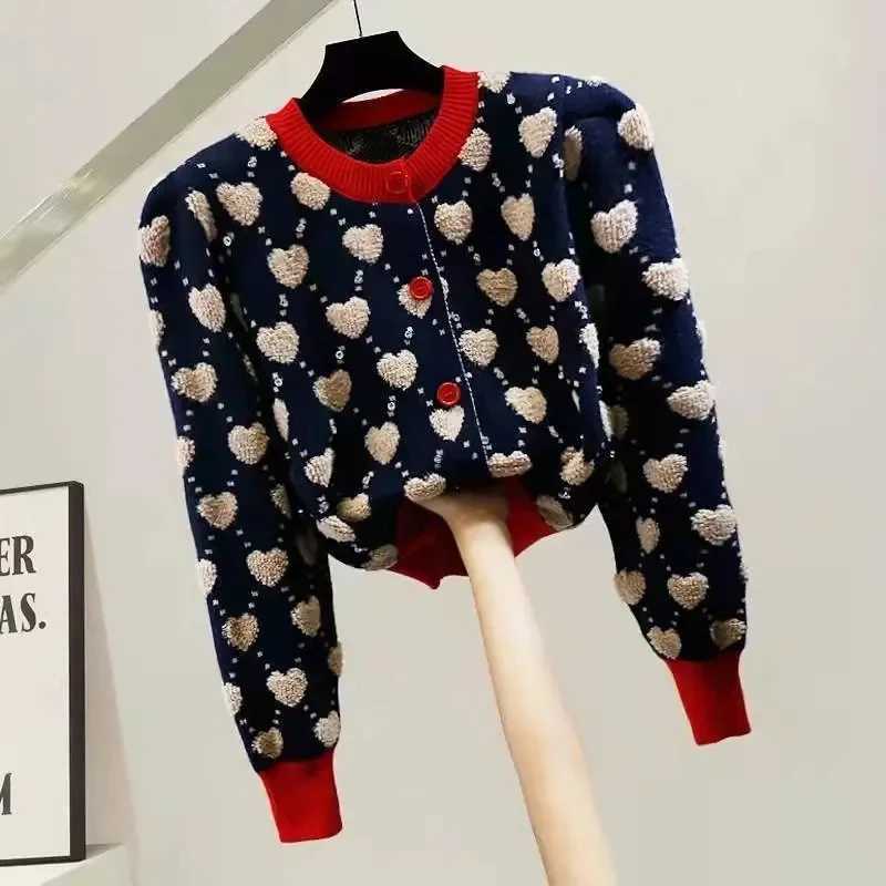 Heart Plaid Viscose Wool Thick O-Neck Vintage Knitted Womens Cardigans Sweater Fashion Single Breasted Short Cardigan For Women M260306