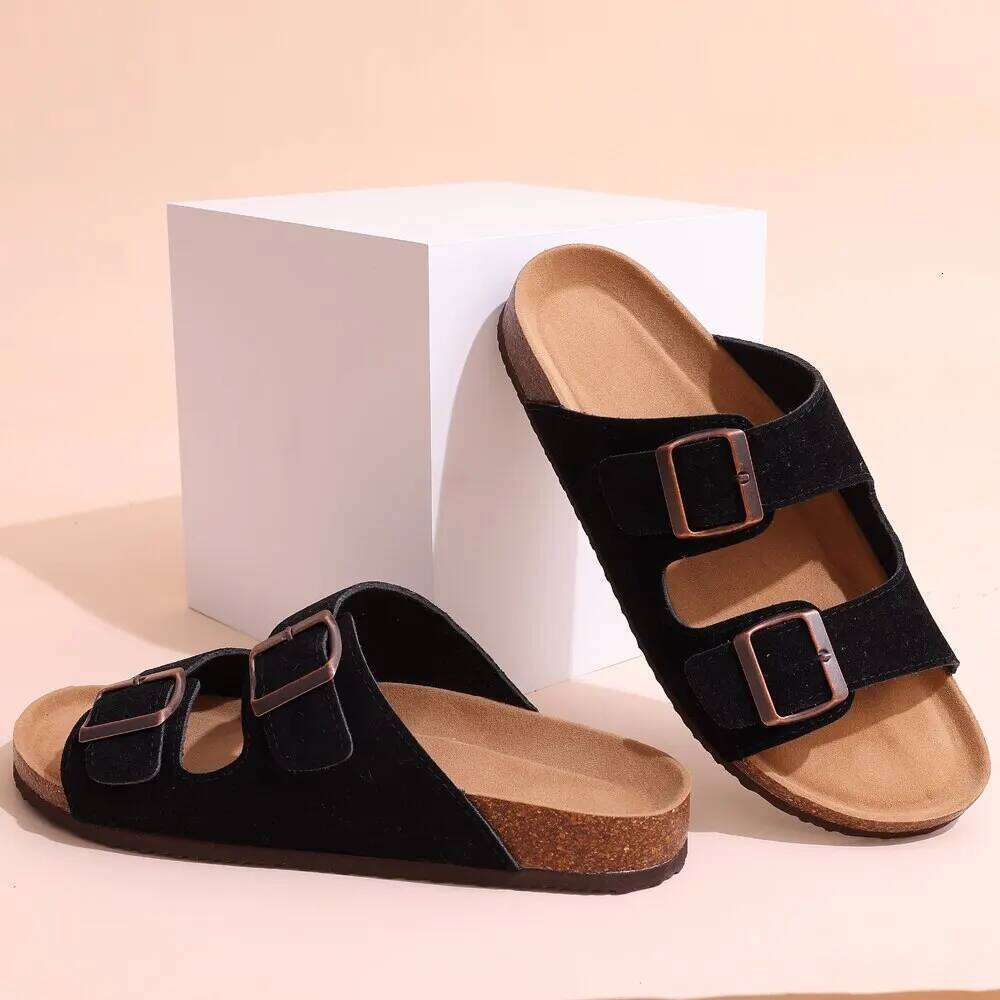 Litfun Women's Cork Footbed Fashion Ankle-Strap Suede Slippers Platform Outdoor Beach Sandals Home Comfort Flats Slides