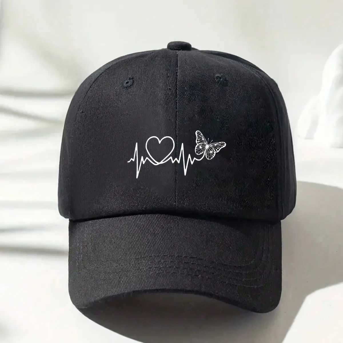 A minimalist baseball cap with white butterfly heartbeat print design for outdoor sports sunshade and sun protection S260306