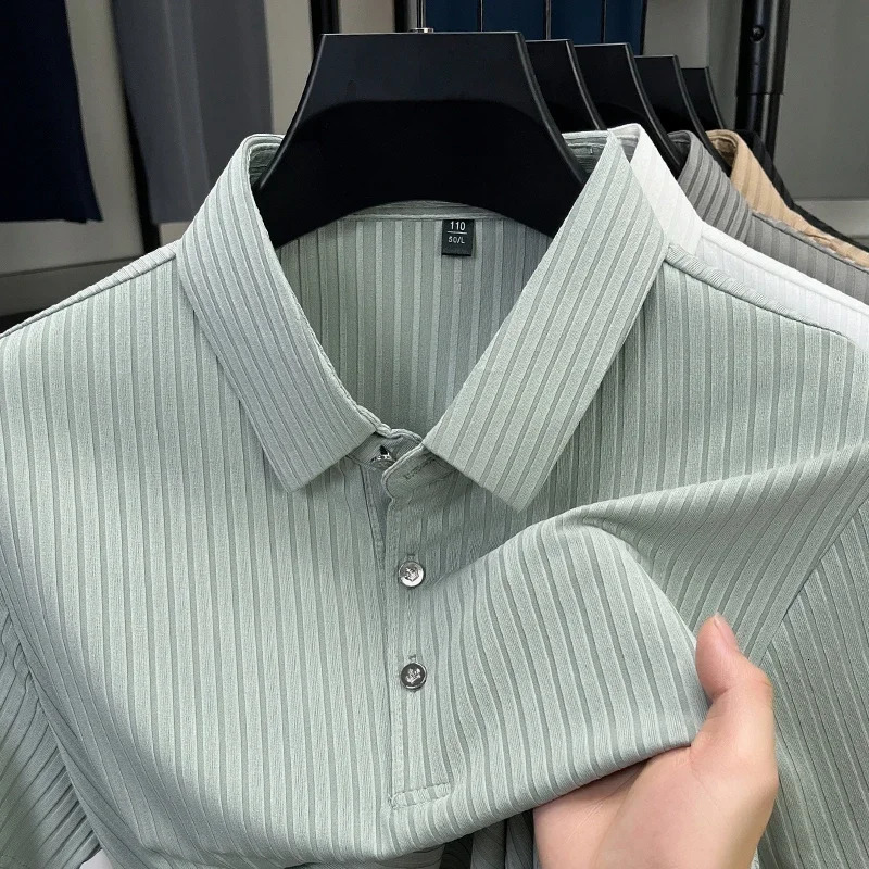 Mens Casual Fashion Striped Short Sleeved Collar Polo Shirt Breathable and Comfortable Summer Versatile T-shirt 260304
