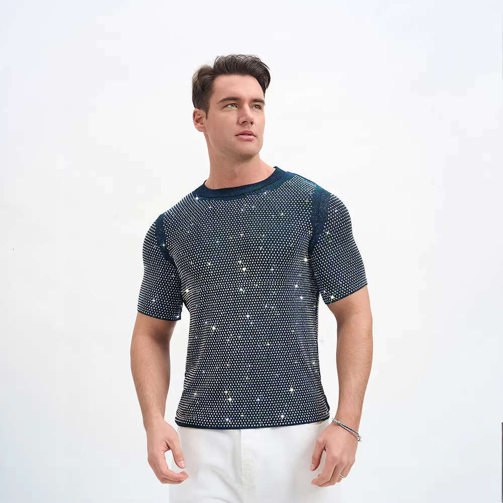 New European and American men's clothing, American-style breathable double-layer short-sleeve T-shirt, rhinestone party nightclub outfit