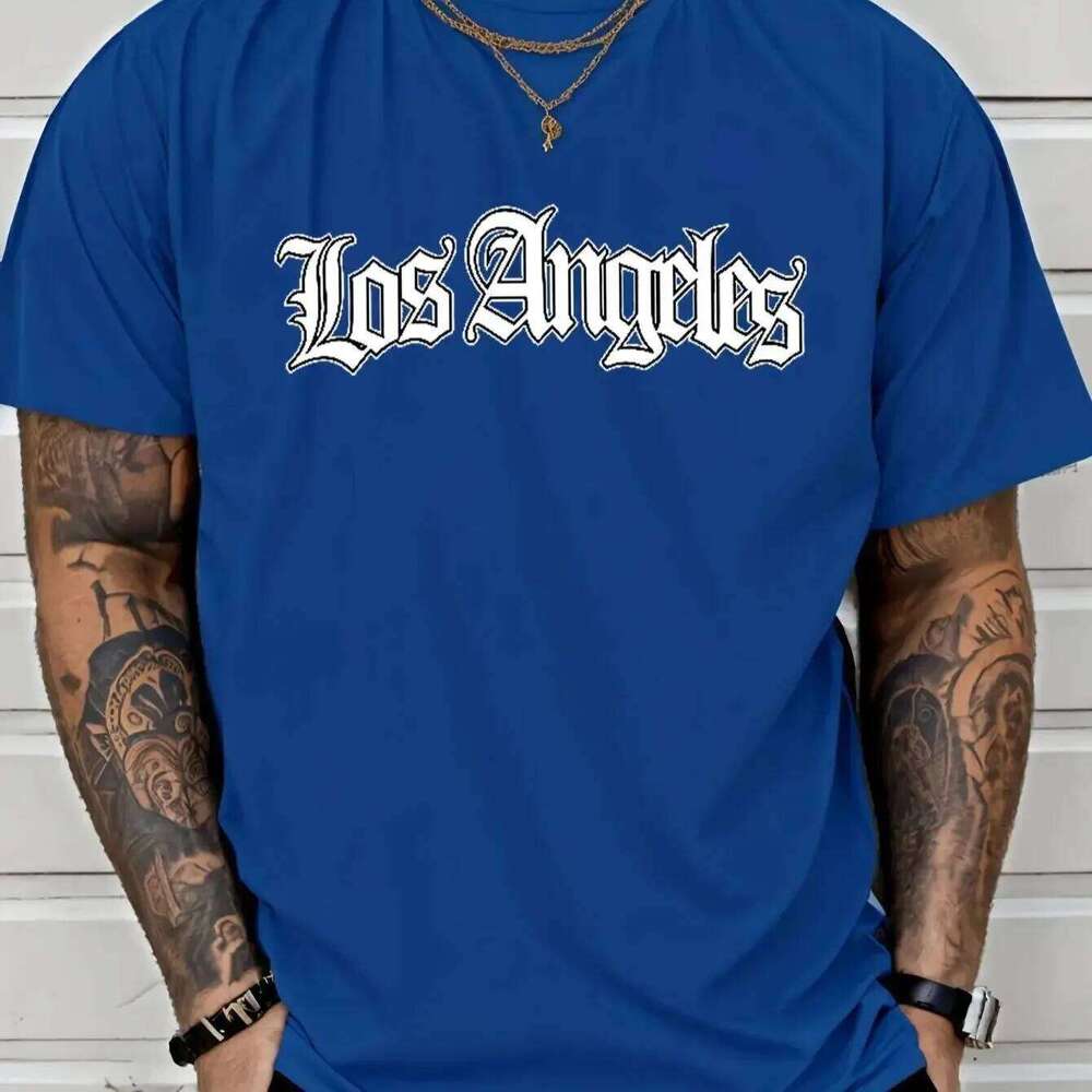 New men's casual polyester fabric breathable round neck T-shirt with letter print pattern suitable for outdoor shopping wear 26H0306