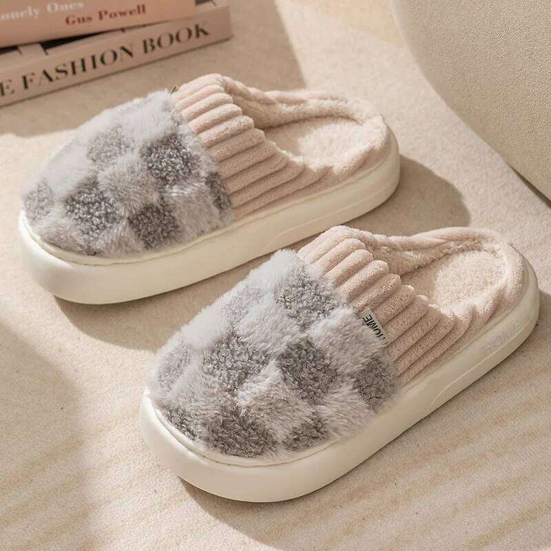 Litfun Winter Fur Fuzzy For Women New Pineapple Lattice Soft Sole Plush Shoes Non-slip Warm Home Fluffy Cotton Slippers