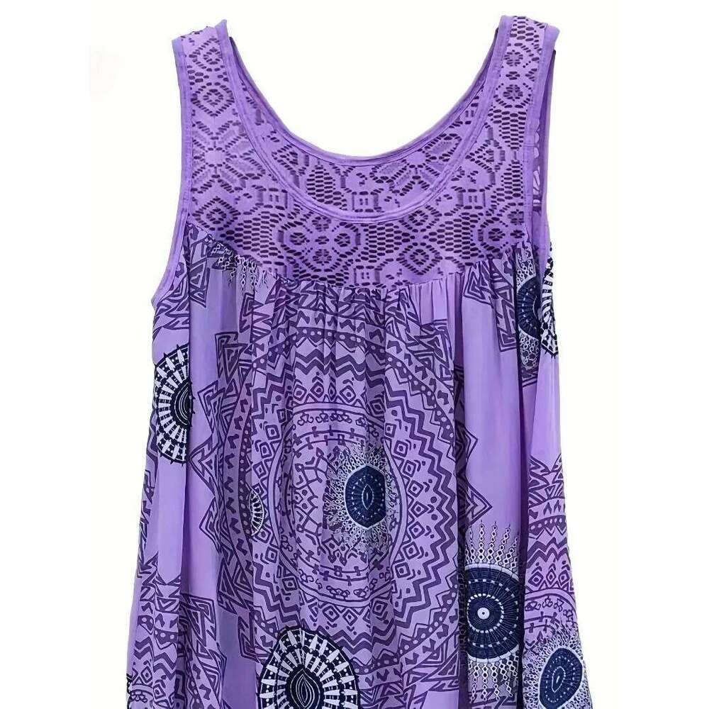 Plus Size 1XL-8XL Women's Lace Panel Printing Sleeveless Large Hem Vest Dress
