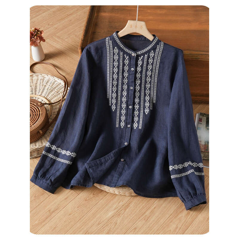 Mardi Hefxessdr stand collar long-sleeved shirt Spring new women's stand-collar versatile long-sleeve shirt top cotton-linen Chinese shirt women&