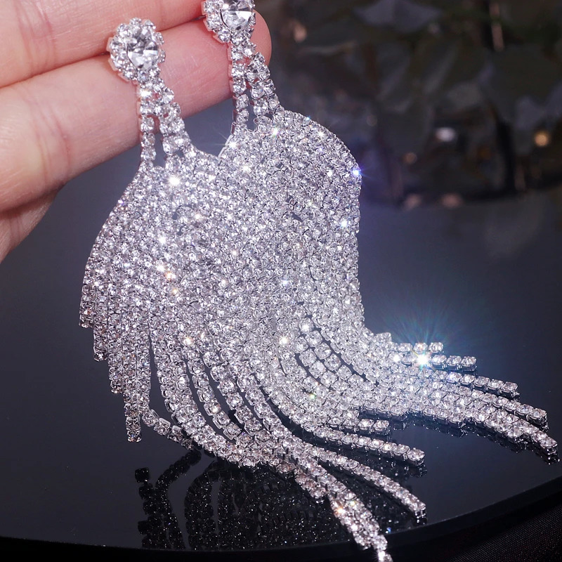Trendy Sparkling Rhinestone Exaggerated Long Tassel Earrings for Women Silver Plated Big Drop Dangle Party Jewelry 260302