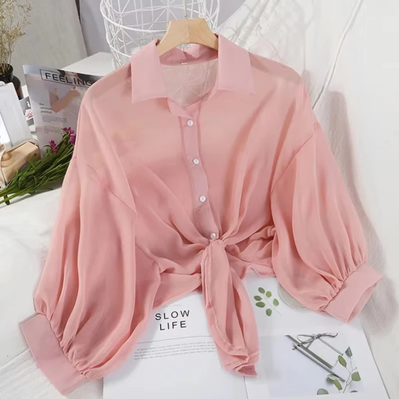 Women Summer Bat Half Sleeve Chiffon Shirt Casual Loose Button Hollow White Clothes Elegant Solid Color Tied Waist Blouse 9776 260306