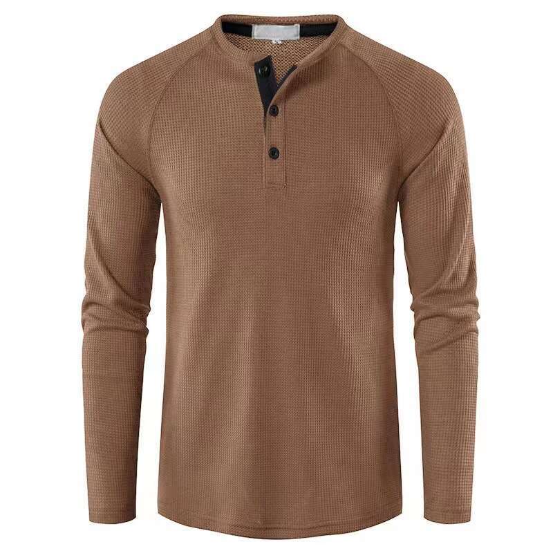 New autumn winter T-shirt, European and American men's solid color long-sleeve base shirt, henley shirt for men