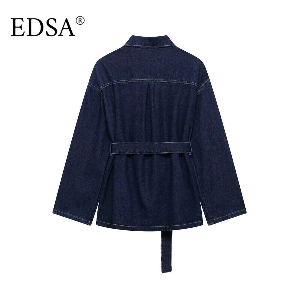 EDSA Women Vintage Denim Jacket Coat with Sashes Flap Pockets Long Sleeves Turn-down Collar for Female High Street Outerwear