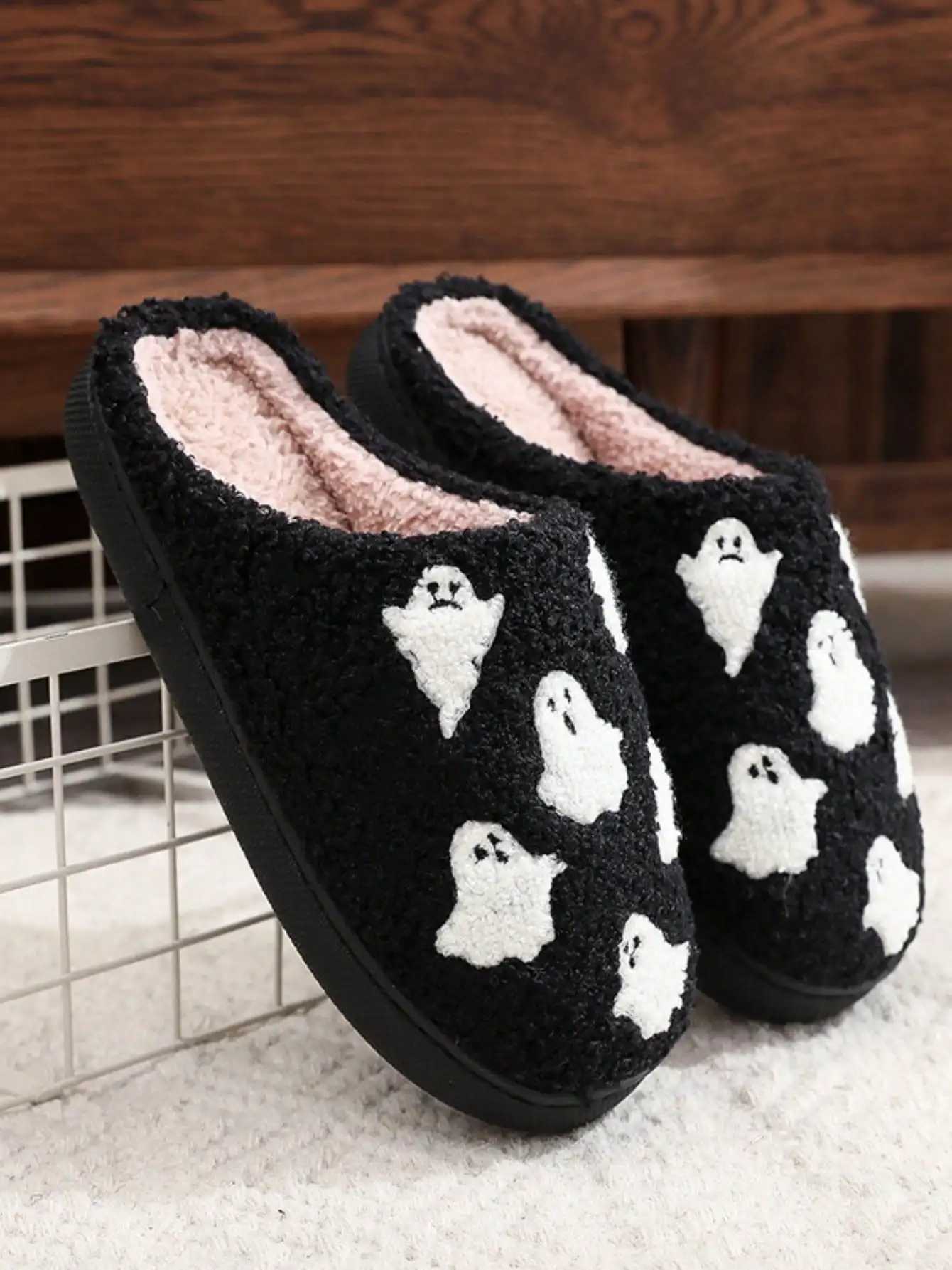 Halloween Ghost-patterned Warm Indoor Couple Cotton Slippers for Men and Women S260305HR5E