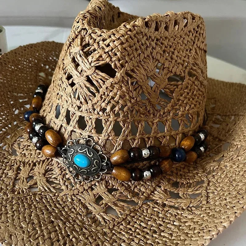 Vintage Summer Beach Bohemian Straw Hat Shell Women Men Western Cowboy Hats Wooden Beads Hollow Out Sun Hat Holiday Cap 260228