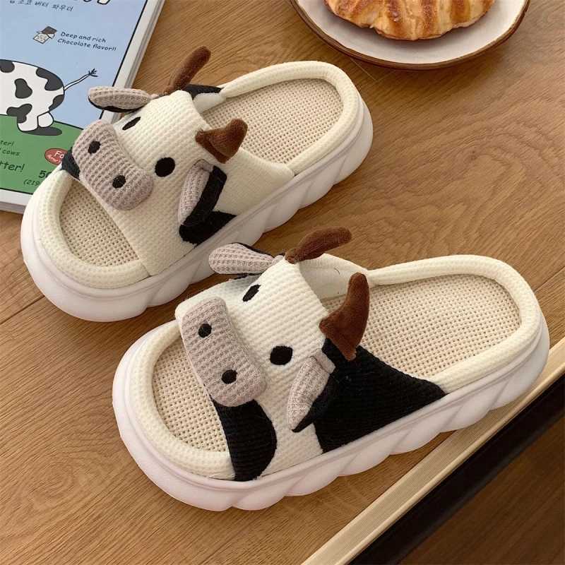 Cute Women Cow Linen Home Slippers Men Four Seasons Indoor Flip Flops Female Indoor Floor Shoes Adult Comfortable Cartoon Slides S260305