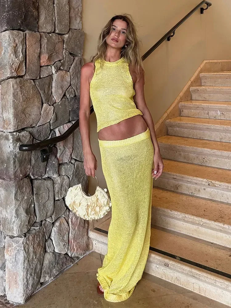 Sexy Transparent Sleeveless Shiny Camisole Tank Top Long Dress Two Piece Set 2025 Fashion Elastic Waist Wrap Hip Knitted K68 260228