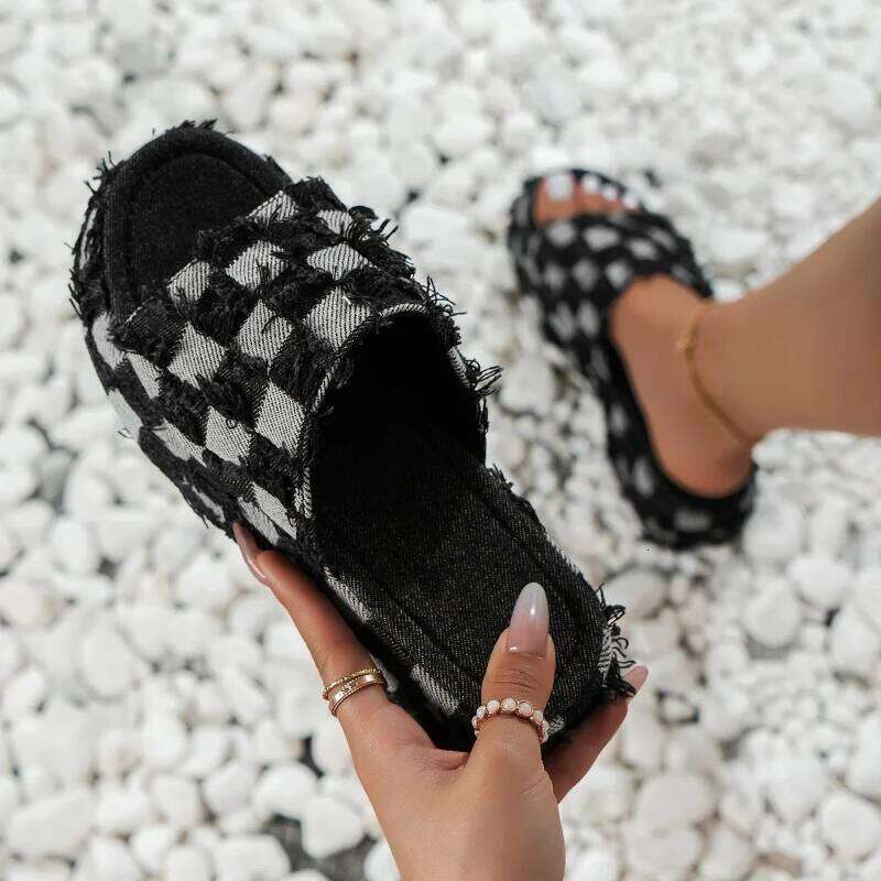 2025Women Denim Summer Beach Women Retro Slip on Wedges Platform Casual Open Toe Flat Sandals Jeans Canvas Slides