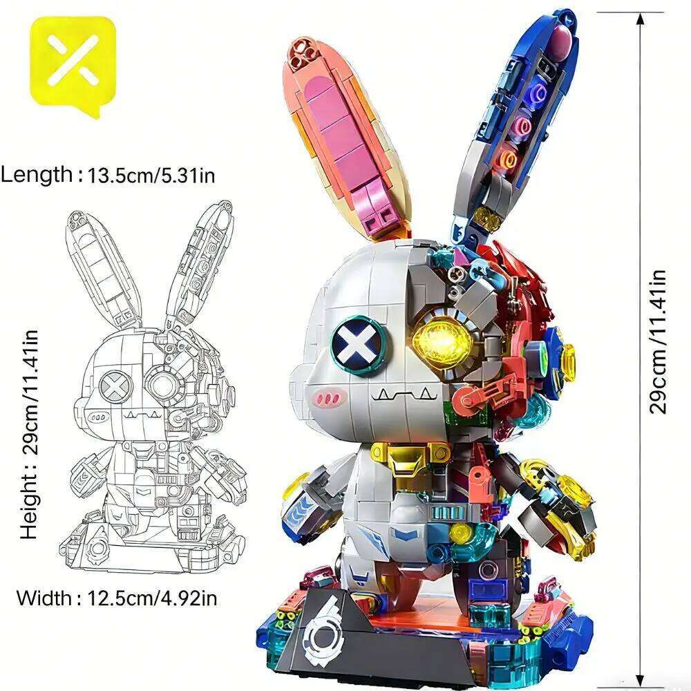 TOYLINX 1377pcs Cyberpunk Mechanical Rabbit Building Blocks LED Light Up Brick Collectible Adult Puzzle DIY Toy Desktop Ornament Z260305