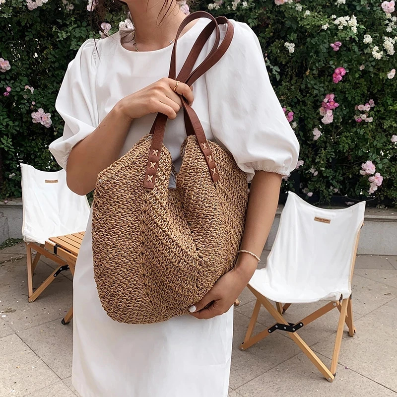 Summer Straw Woven Shoulder Bag Rattan Beach Large Capacity Tote Bags Handmade Vacation Travel Handle Bag Shopping Handbag Bolsa 260303