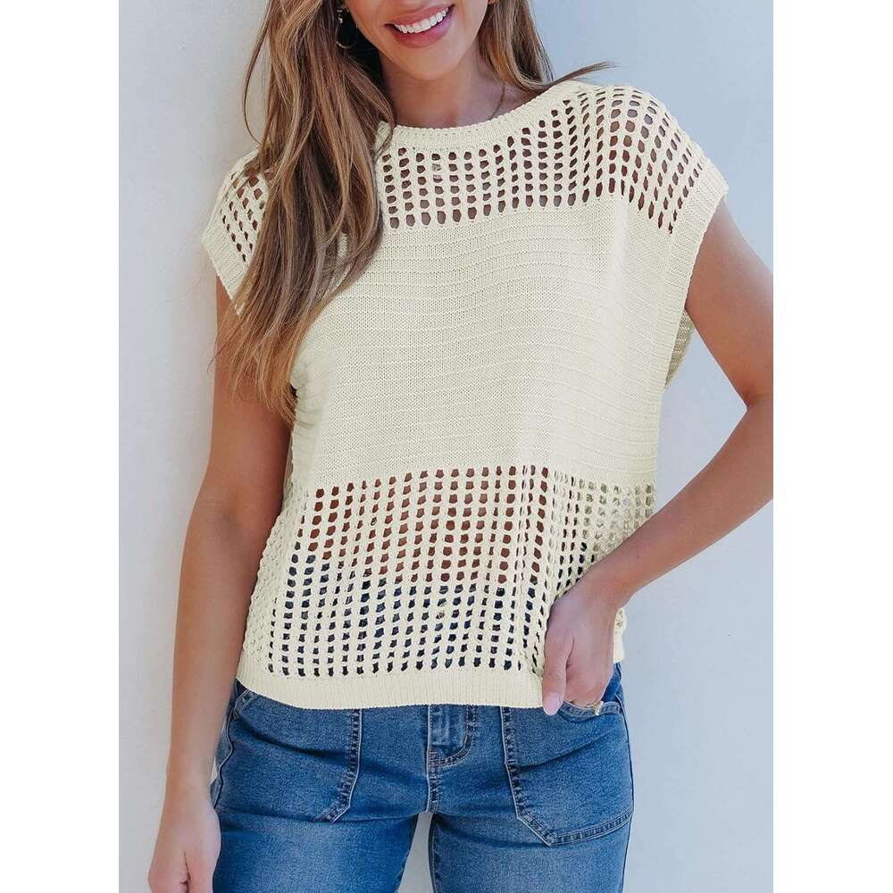 Designer Womens Tops Casual Summer Cap Short Sleeve Crochet Hollow Out Knit Sweater Vest Pullover T-Shirts Beach Coverup