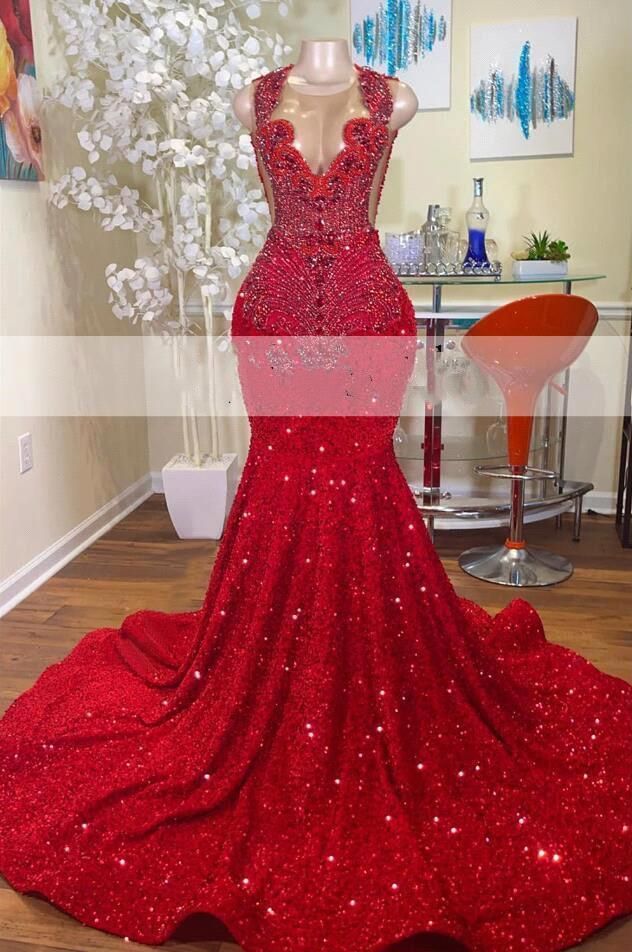 Sparkly Red Sequined Mermaid Prom Dresses 2026 For Black Girls Sheer Crew Neck Rhinestones Formal Party Dress Luxury Beaded Evening Gowns BC18507
