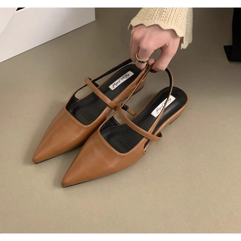 Women Leather Pu Casual Sandals Girl Fashion Mary Jane Shoes Slip on Flats Heels Ladies Pointed Toe Elegant Slingback Sandals 260303