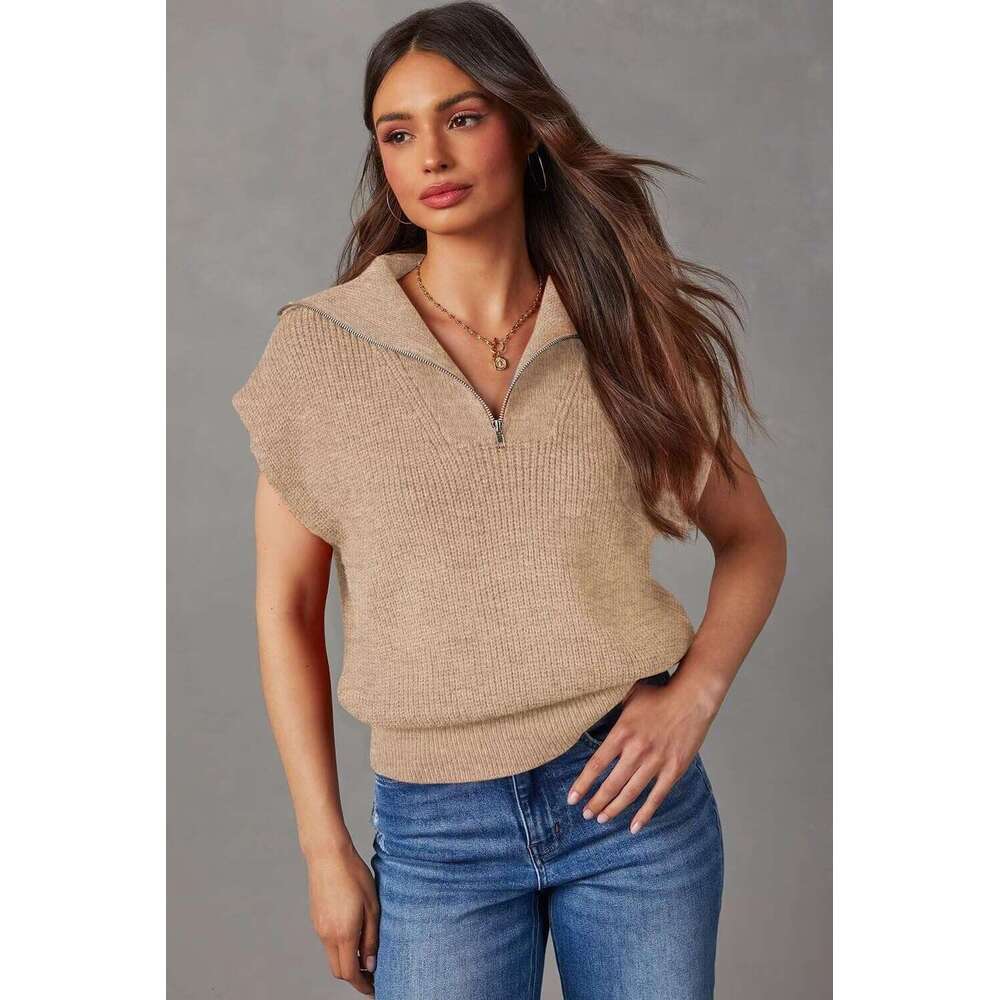 Women's Casual Sleeveless Half Zip Pullover Solid Designer V Neck Collar Ribbed Knitted Loose Sweaters