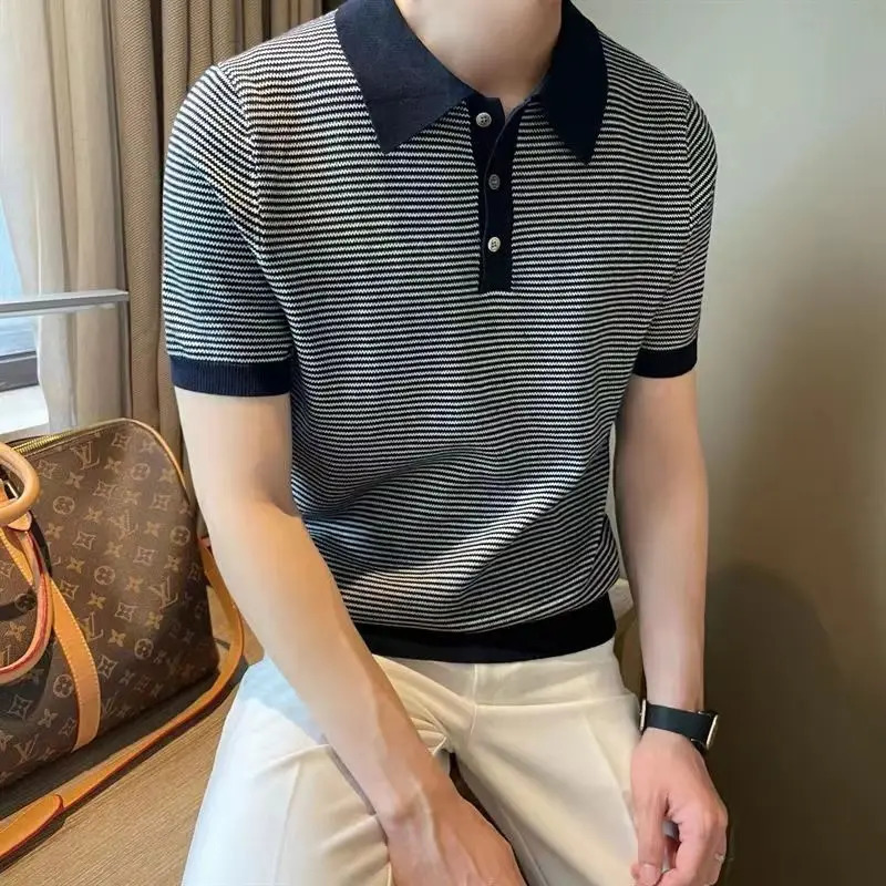 Summer Fashion Smart Casual Trendy Ice Silk Knit Polo Shirt Mens Panelled Stripe Lapel Button Versatile Short Sleeved Top 260304