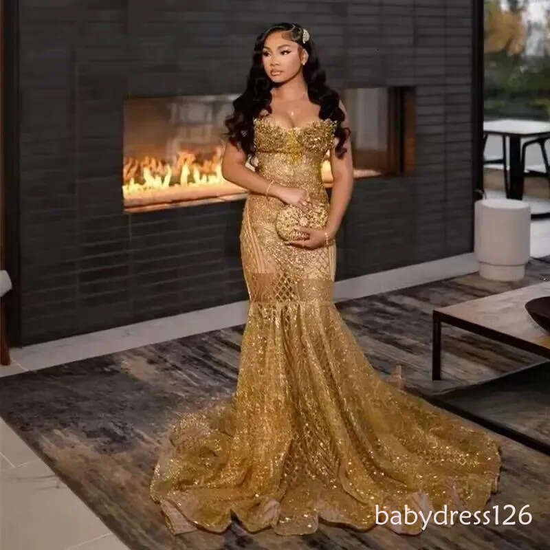 Shinny Gold Prom Dresses Black Girl 2026 Sequin Beading Christmas Party Gowns Mermaid Evening Dress Gala Customized