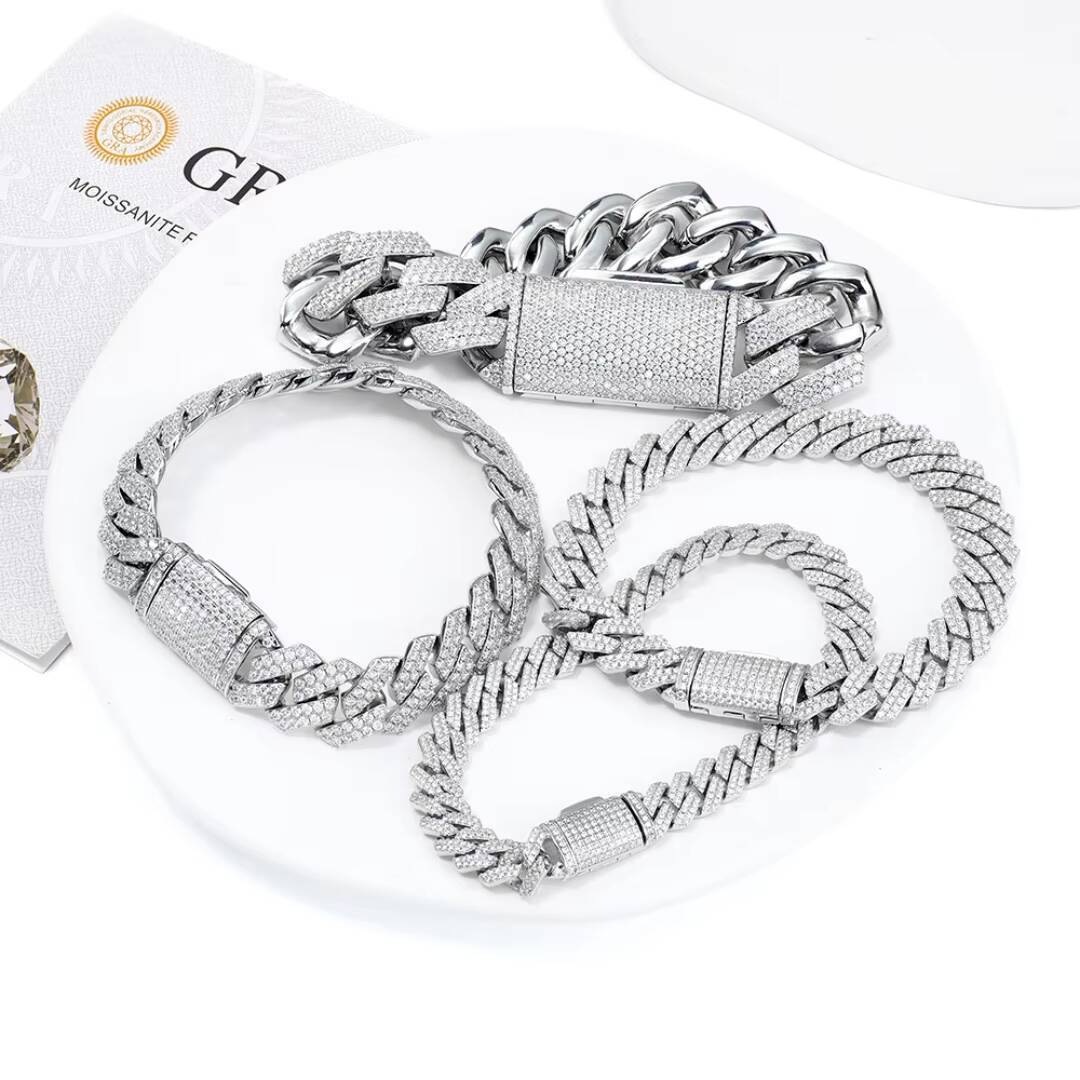 Hip Hop 925 Silver Cuban Link Chain White Gold Plated High Quality Iced Out D/VVS Gra Certified Moissanite Bracelet for Jewelry