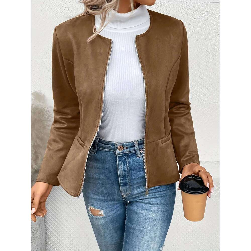 Women's Fashion Round Neck Slim Fit Top Long sleeved Access Control Zipper Cardigan Short Jacket