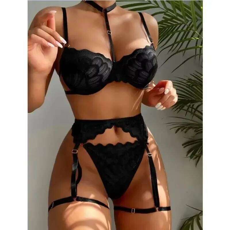 Women's Sexy Set Floral Lace Underwear Suit For Women Mesh Hollow Out Suits Female Bra Thongs Three-piece Lingerie