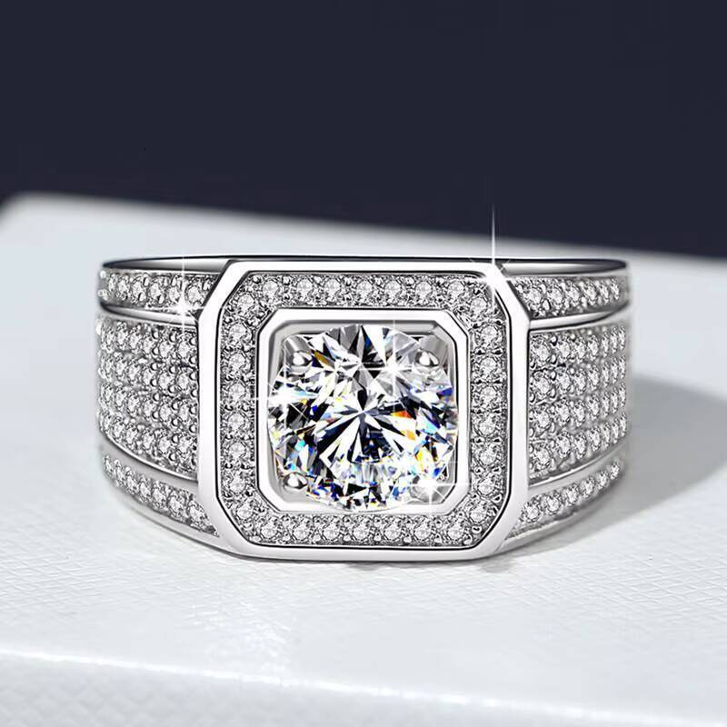 925 Sterling Silver 2 Moissanite Round Brilliant Cut Rhodium Plated Pave Setting Casual/Sporty Wedding Ring for Men