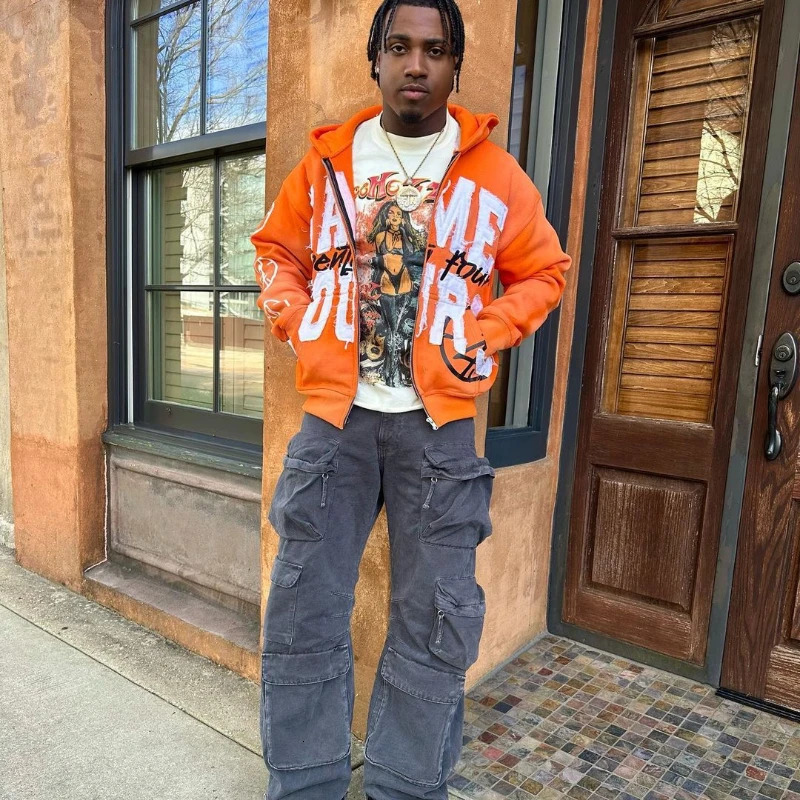 Quick delivery Y2K letter sticker printed street hip-hop style heavyweight hooded sweatshirt cardigan high street jacket 260303