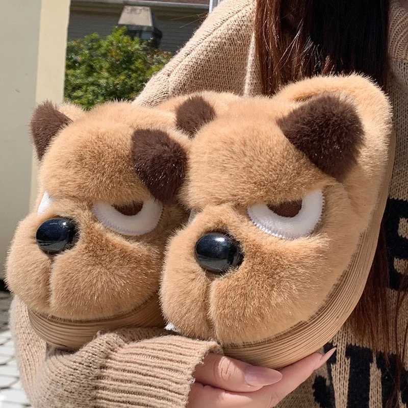 Husky Dog Faux Fur Couple Winter Slippers Chunky Platform Non Slip House Shoes Woman Comfort Fluffy Plush Outdoor Slippers Women S260305