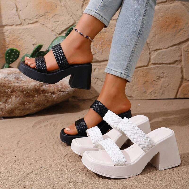 2026 Summer New Solid Color Simple High Sandals Fashion Open Toe Thick Slippers Casual Coarse Heel Women's Shoes