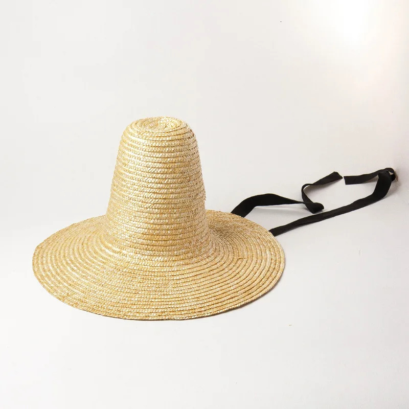 USPOP Retro Pointed High Top Straw Sun Hat with Straps Fashion Show Style and Wide Brim Straw Hat 260228