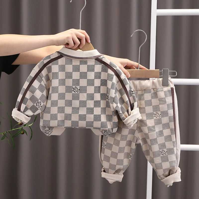 Kids Checkerboard Polo Tracksuits for Spring Autumn, 2Pcs Knit Sweater & Pants Set, Fashion Casual Outfits for Toddler Boys and GirlsT260306
