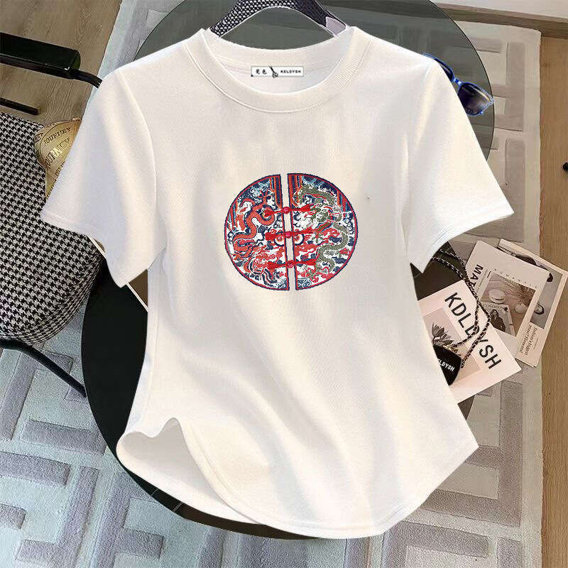 New Chinese Lightweight Embroidered Button Design short Women's Summer T-irt White Faionable Slim Fit round neck top Leisure multifunctional T-sl