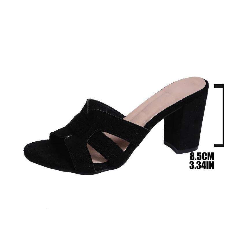 2025 New Fashionable Women's Thick Sandals Comfortable Square Heel Bare Toe Non slip Slippers Black Casual High Heels