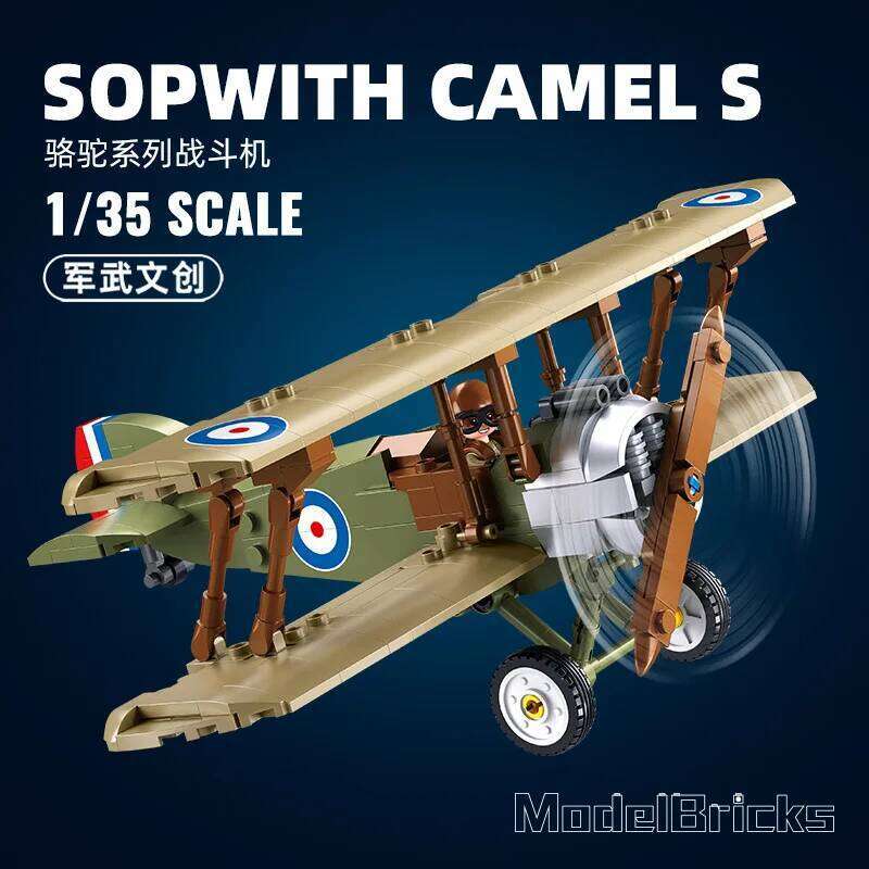 WW1 UK F. 1 Biplane Sopwith Camel Fighter Jet Classic Military Model Building Blocks War Air Force Aircraft Bricks Kids Toy Gift Z260306