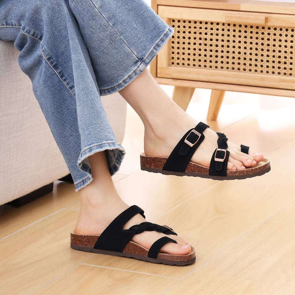 Litfun Summer New Women's Cork Slippers Leisure Comfortable Outdoor Beach Slides Non-slip Women Sandals With Adjustable Buckle