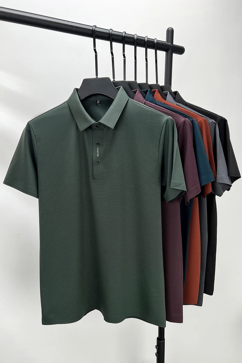Summer Short sleeved High end Textured Letter Mens POLO Shirt Comfortable Silk Ice Feel Casual Business lapel T-shirt 260304