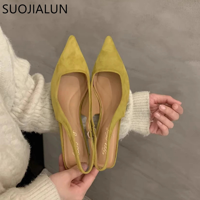 SUOJIALUN Spring Women Sandal Fashion Pointed Toe Shallow Slip On Dress Mules Shoes Thin Low Heel Slingback Sandal 260306