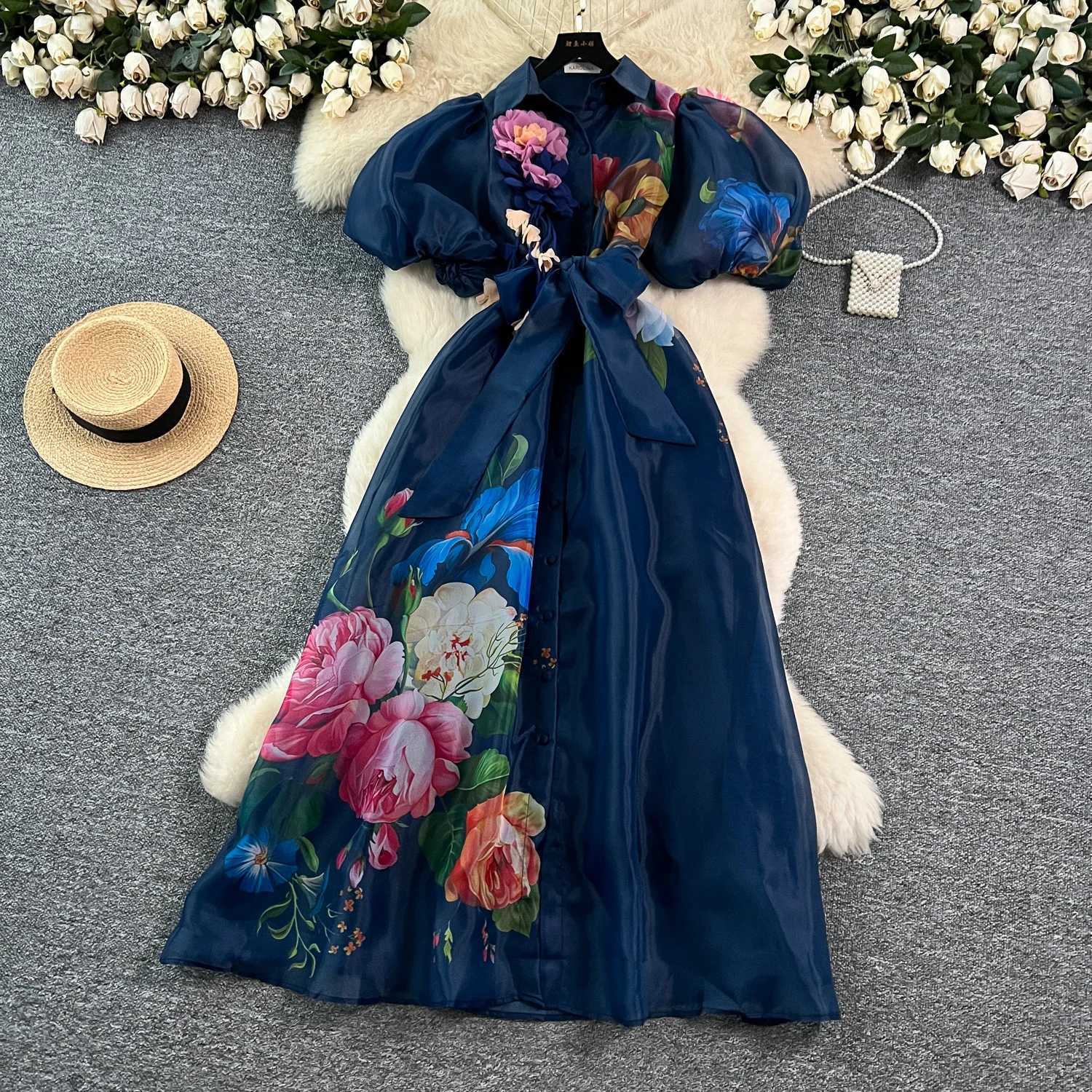 French Vintange Elegant Evening Dress New Women 3D Flower Lapel Puffed Sleeve Long Print Dress High End Festival Clothing X260306