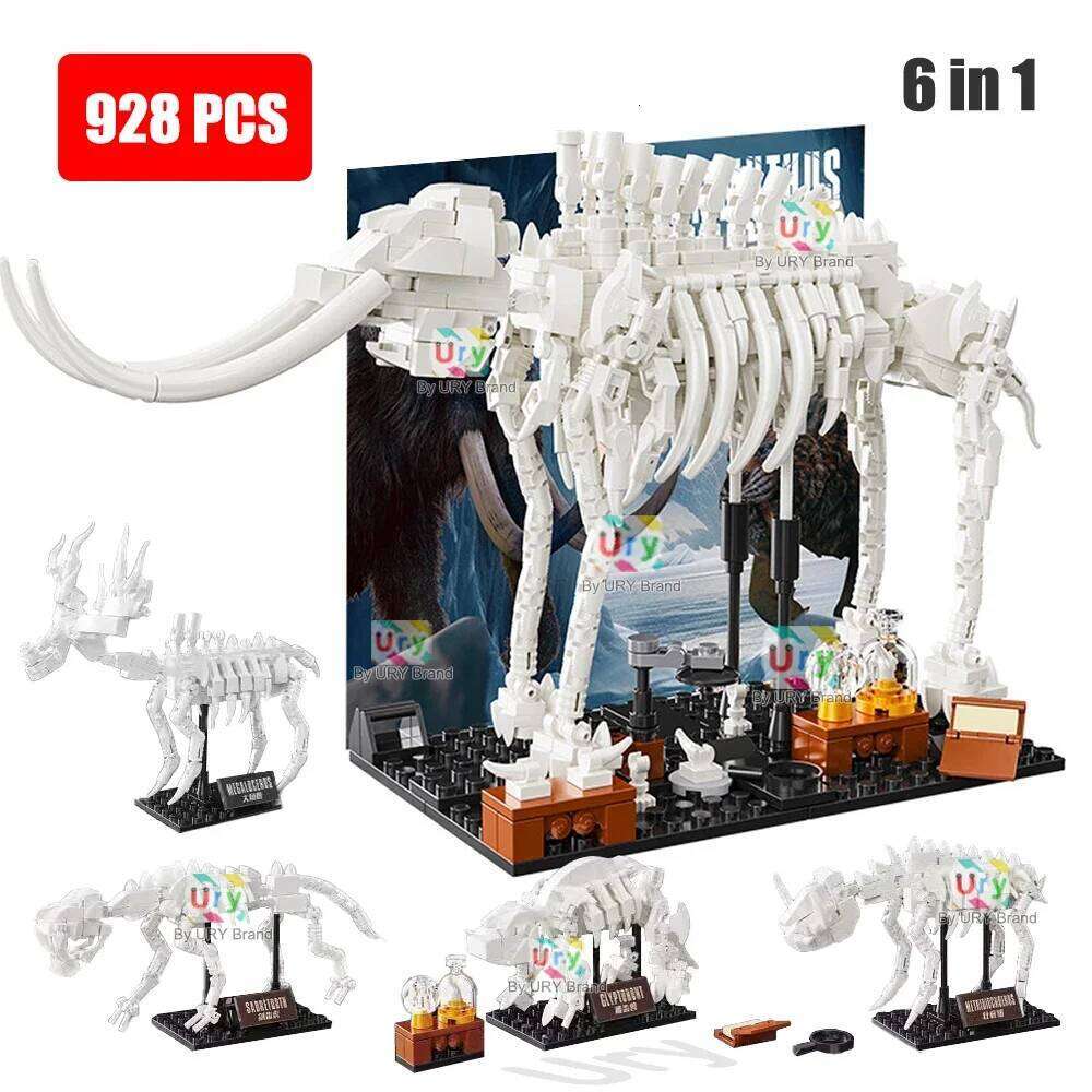 6in1 Museum of Ice Age Fossil Animals Mammoth Sabre Wulf Cave Bear Elasmotherium Glyptodont Set Building Blocks Toy for Kid Gift Z260305