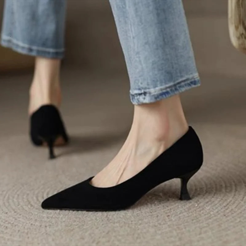 Women Low Price Soft Leather 5cm Thin Heels Pumps Brown Black Elegant OL Office Pointy Toe Slip-On Null Comfortable Shoes 43-34 260303